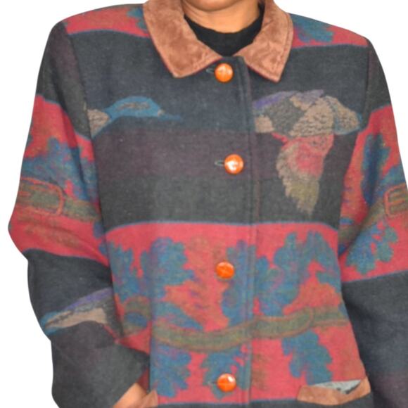 VINTAGE Flytime Tapestry Mallard Coat Italy Wool Duck Foliage Oversized Medium - Picture 4 of 16